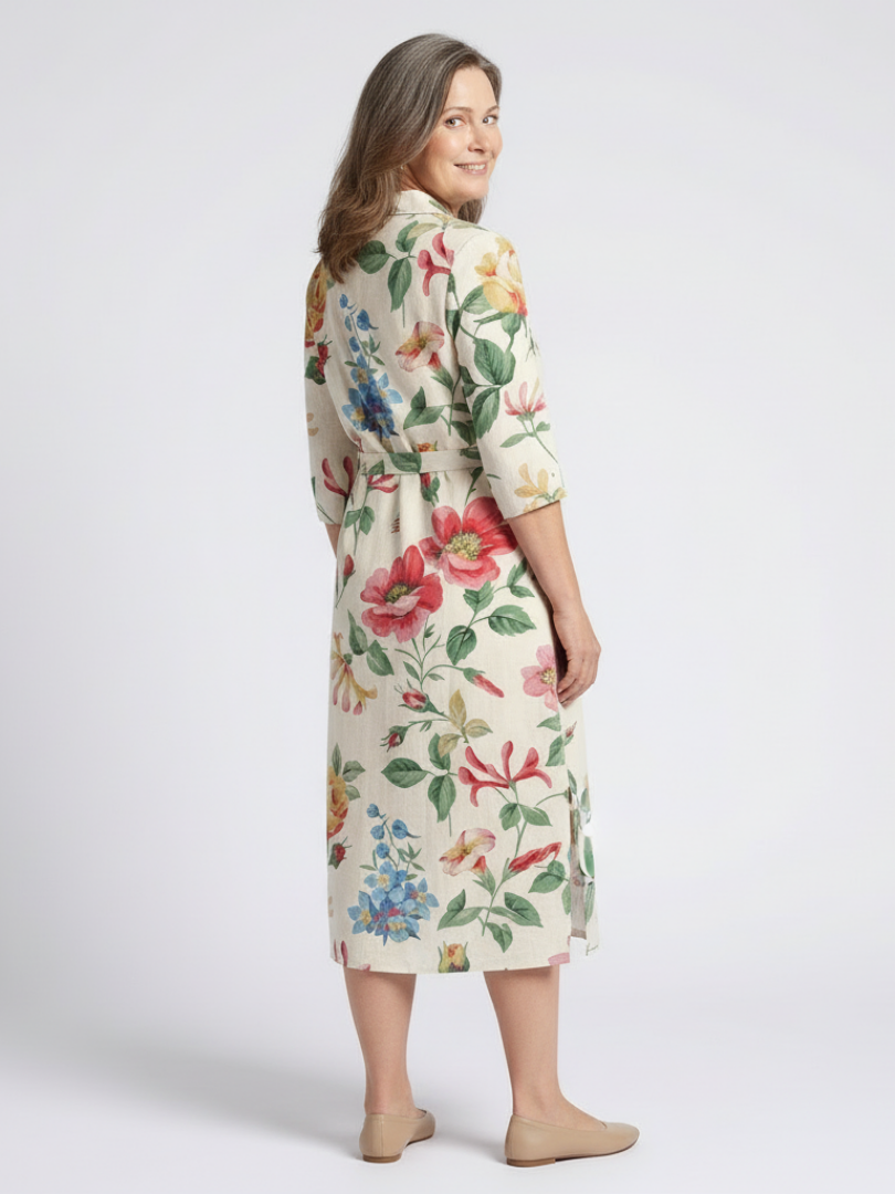Maribel | Knopf-Front Halbarm Blumen-Midi-Kleid