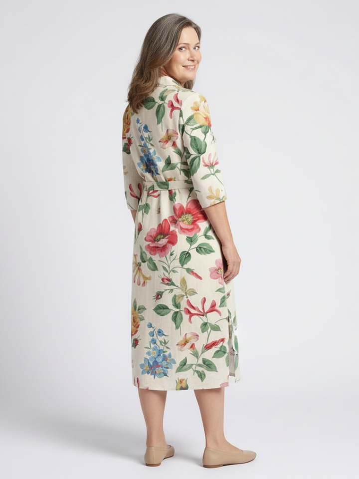 Maribel | Knopf-Front Halbarm Blumen-Midi-Kleid