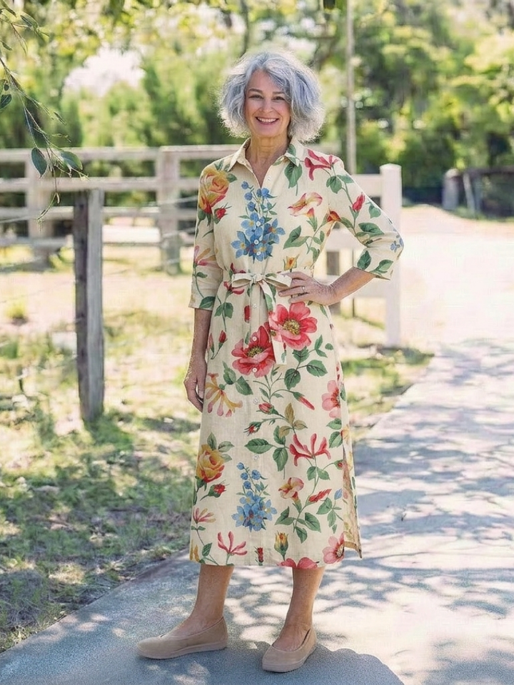 Maribel | Knopf-Front Halbarm Blumen-Midi-Kleid