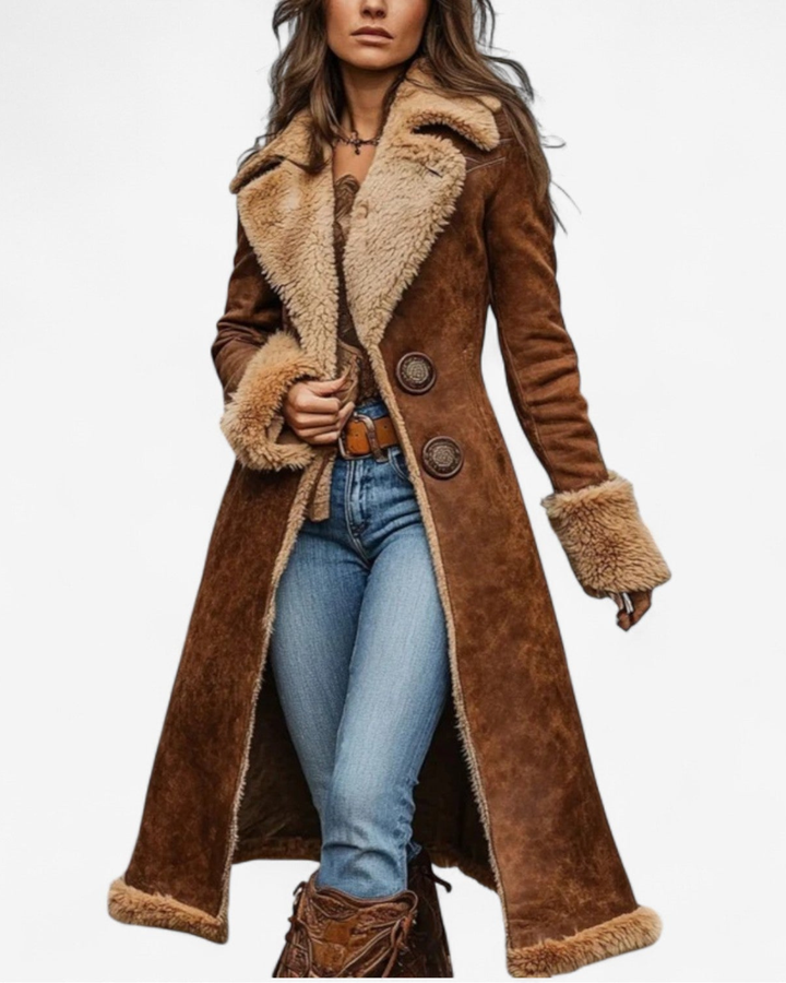Retro-Stil Lange Jacke mit Kunstfell-Akzenten