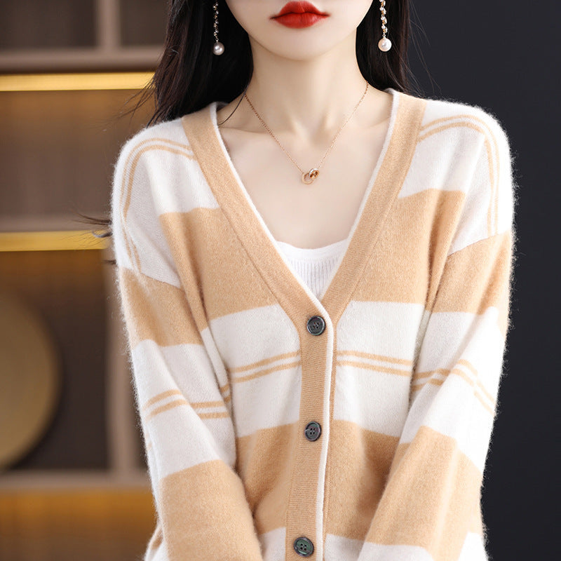 Cardigan midi da donna a blocchi di colore, con scollo a V e maniche lunghe