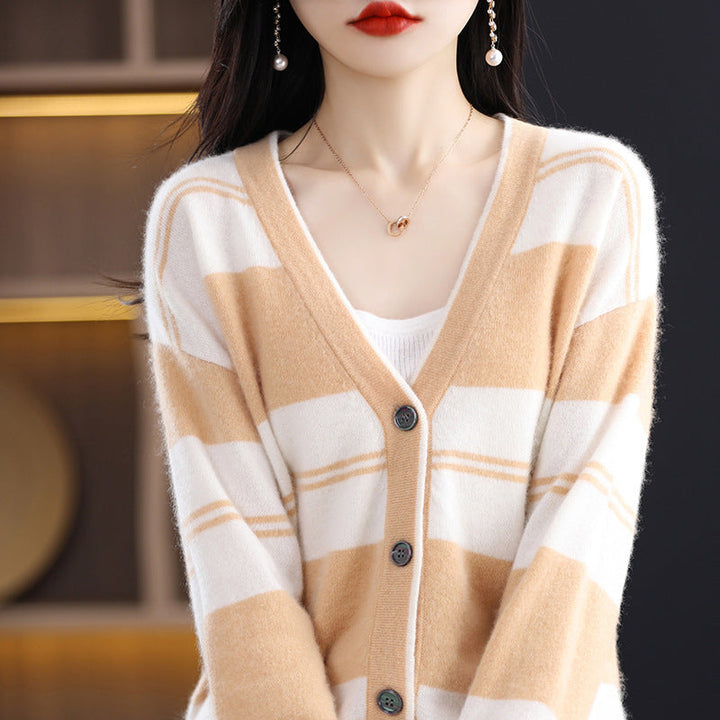 Cardigan midi da donna a blocchi di colore, con scollo a V e maniche lunghe