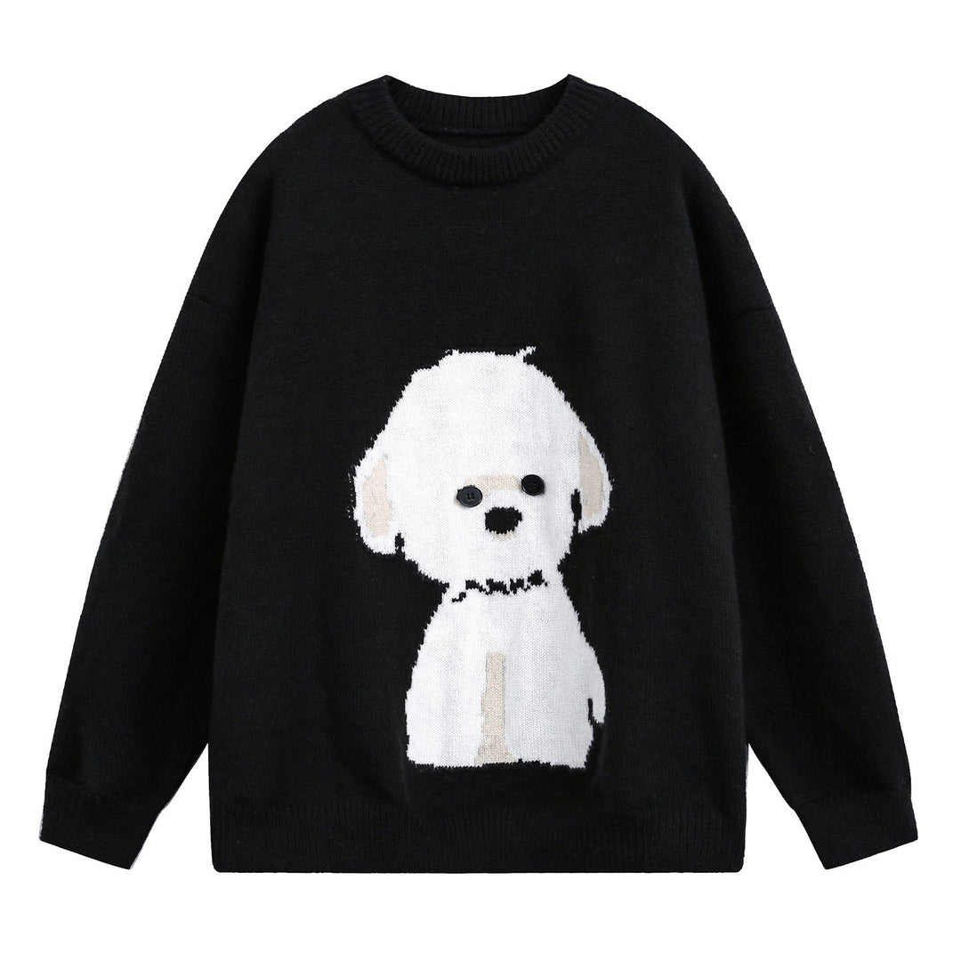 Damen Oversized Rundhals Pullover mit Hundemotiv