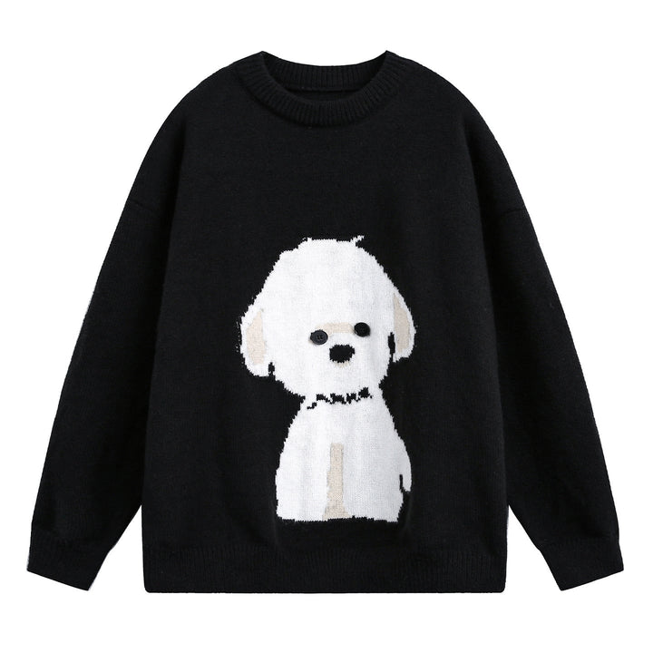 Damen Oversized Rundhals Pullover mit Hundemotiv
