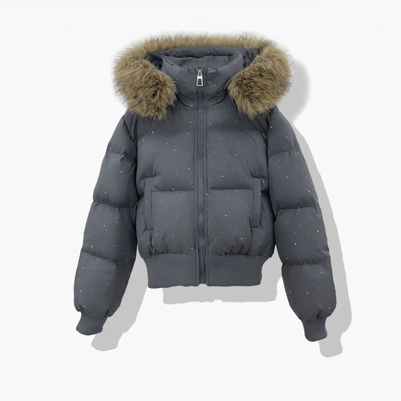 Damen kurzer gesteppter Pufferblouson mit abnehmbarer Kapuze