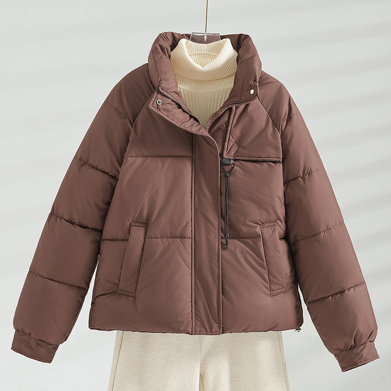 Damen kurze wattierte Boxy-Jacke mit hohem Stehkragen und Kordelzug