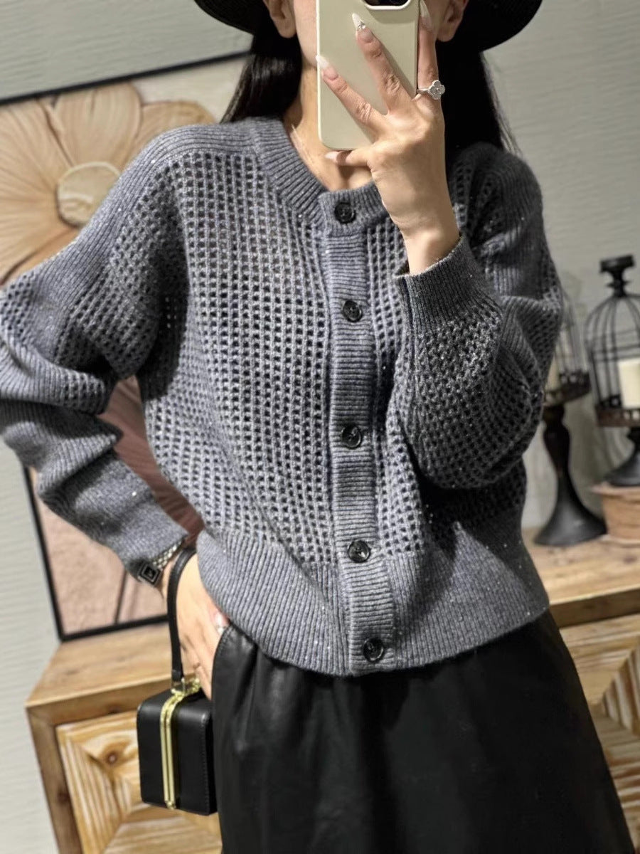 Cardigan da donna in mesh con scollo rotondo, abbottonatura e maniche lunghe