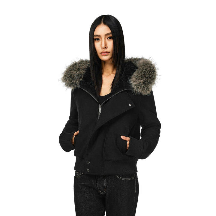 Damen kurze Bomberjacke mit voluminöser Kapuze und Daumenlochbündchen