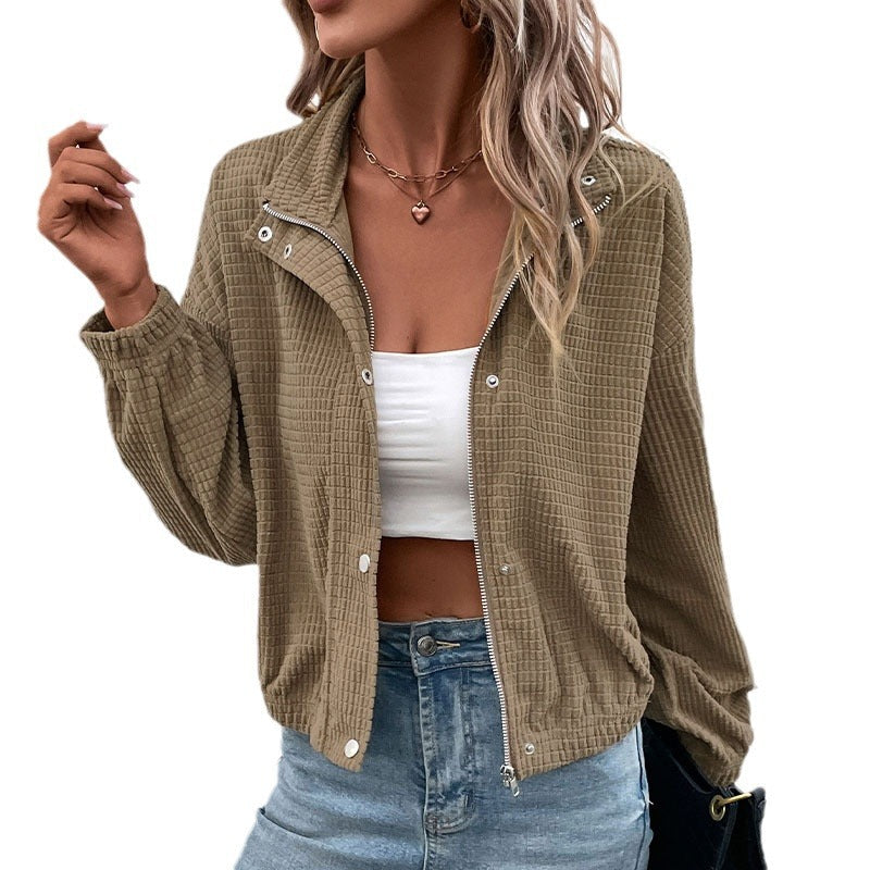 Damen Cropped Jacke mit Reißverschluss und Stehkragen