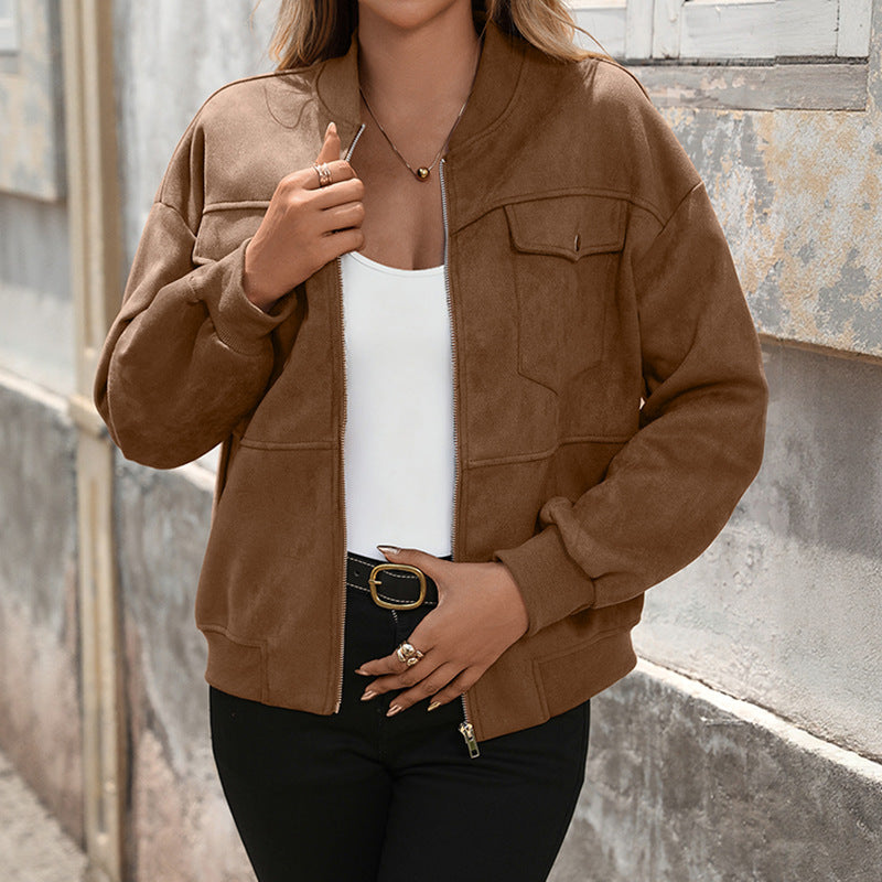 Women’s oversized bomber jacket with long sleeves and chest pockets