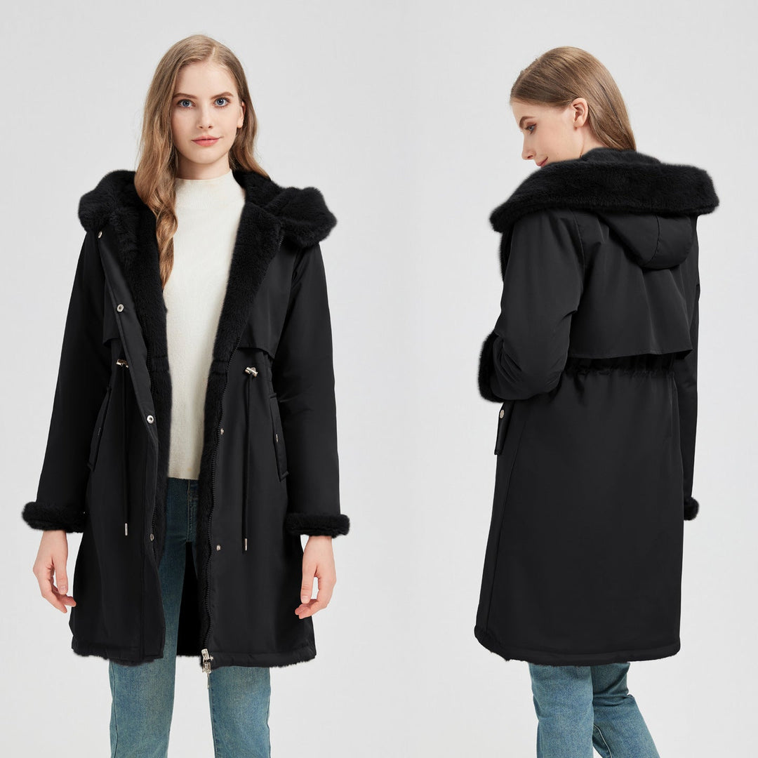 Parka largo para mujer con capucha desmontable y cordón ajustable en la cintura