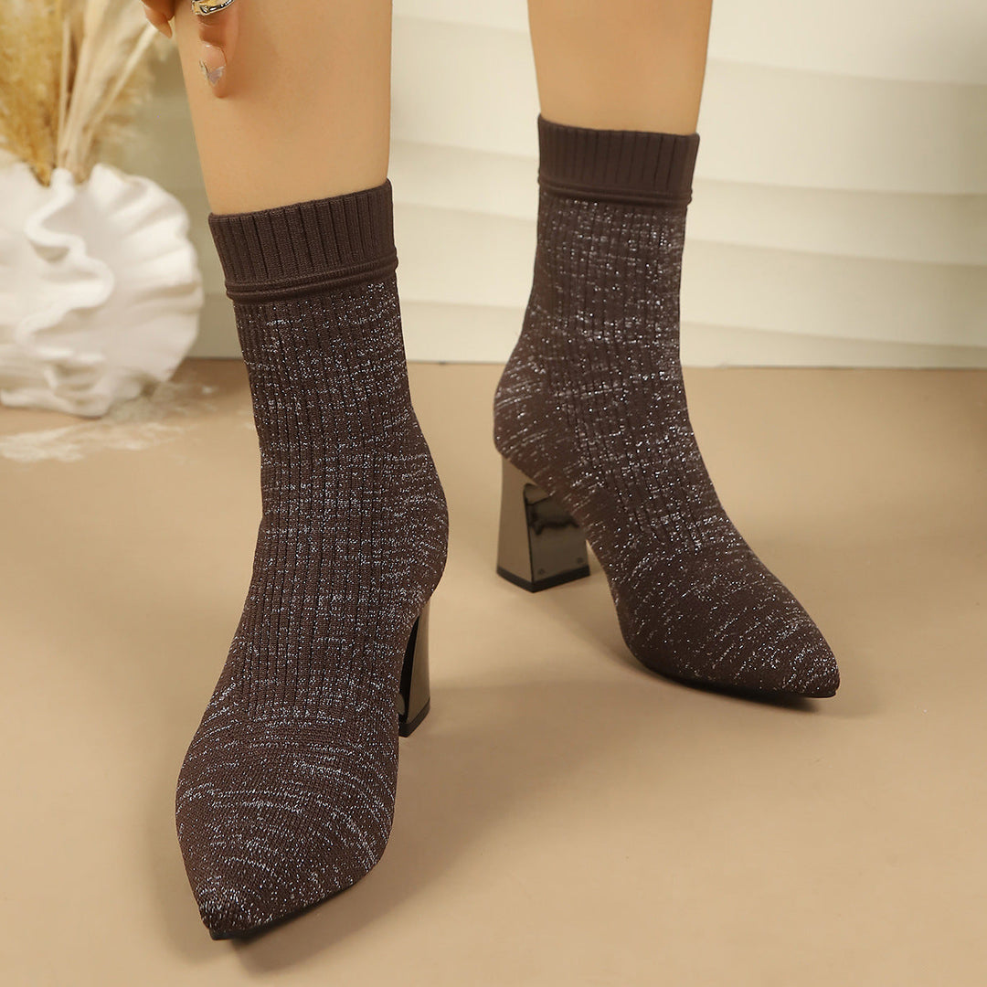 Women’s sock ankle boots with block heels and a ribbed texture