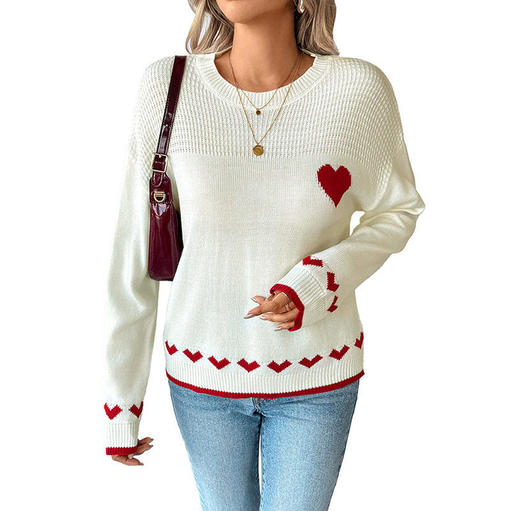 Pull pour femme à col rond, motifs de cœurs intarsia et poignets côtelés