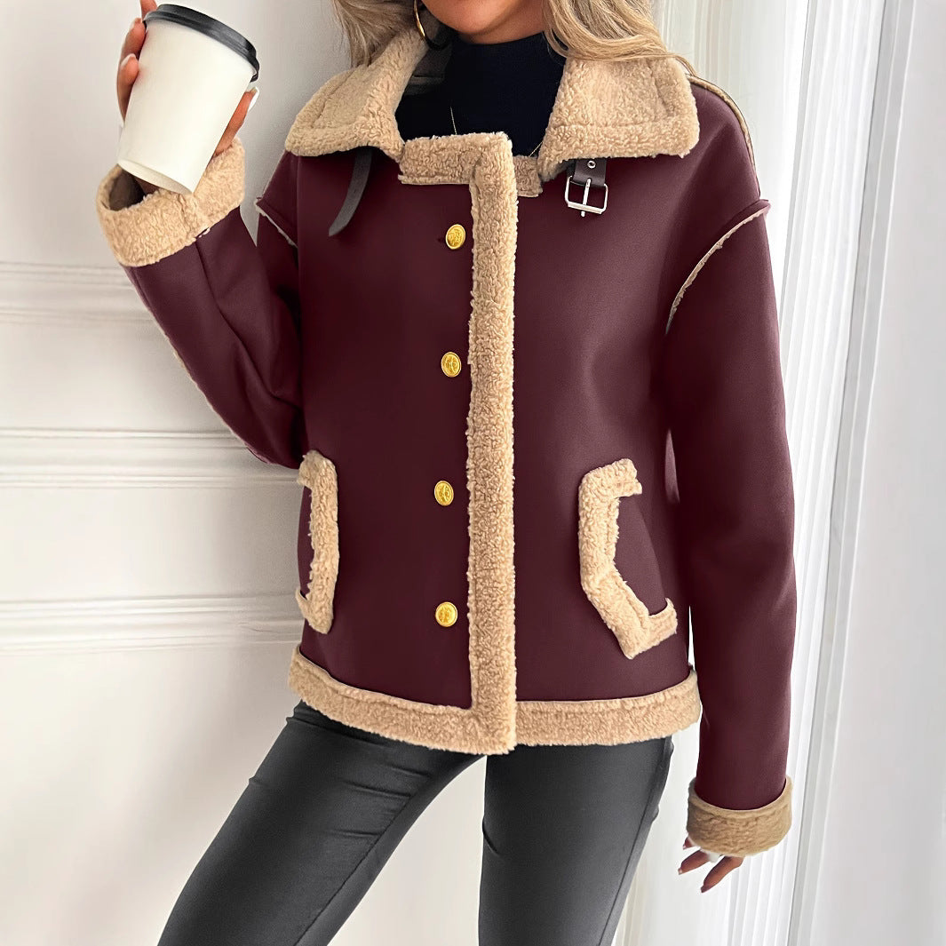 Damen Teddyfelljacke mit Knopfleiste und Seitentaschen