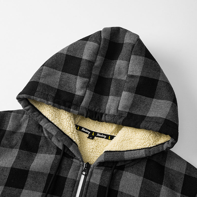 Herren karierte Kapuzenjacke mit Sherpa-Innenfutter und Reißverschluss