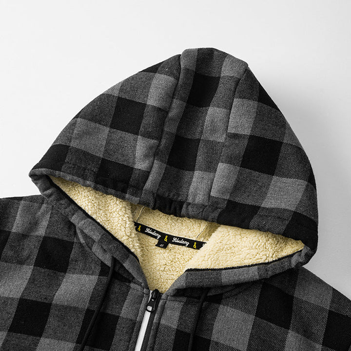Herren karierte Kapuzenjacke mit Sherpa-Innenfutter und Reißverschluss