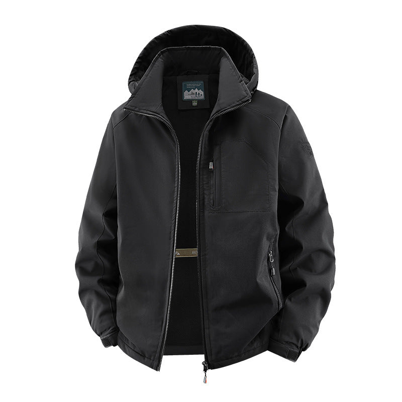 Men’s softshell tactical jacket with concealed hood and chest pocket