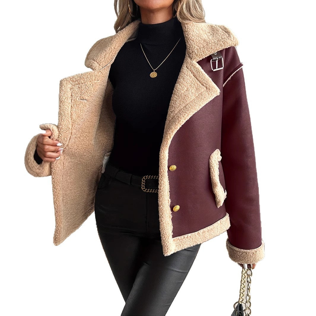 Damen Teddyfelljacke mit Knopfleiste und Seitentaschen
