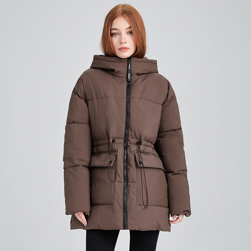 Damen mittellanger Thermoparka mit taillierendem Tunnelzug und Kapuze