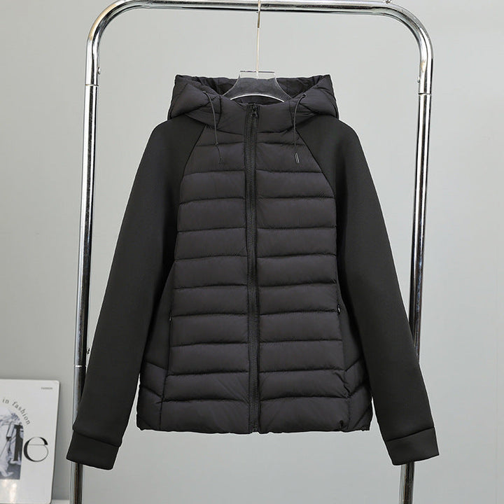 Damen leichte Hybrid-Steppjacke mit Kapuze und elastischen Ärmelpaneelen