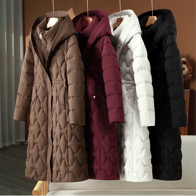 Casaco de inverno comprido acolchoado para senhora, com capuz e silhueta cintada