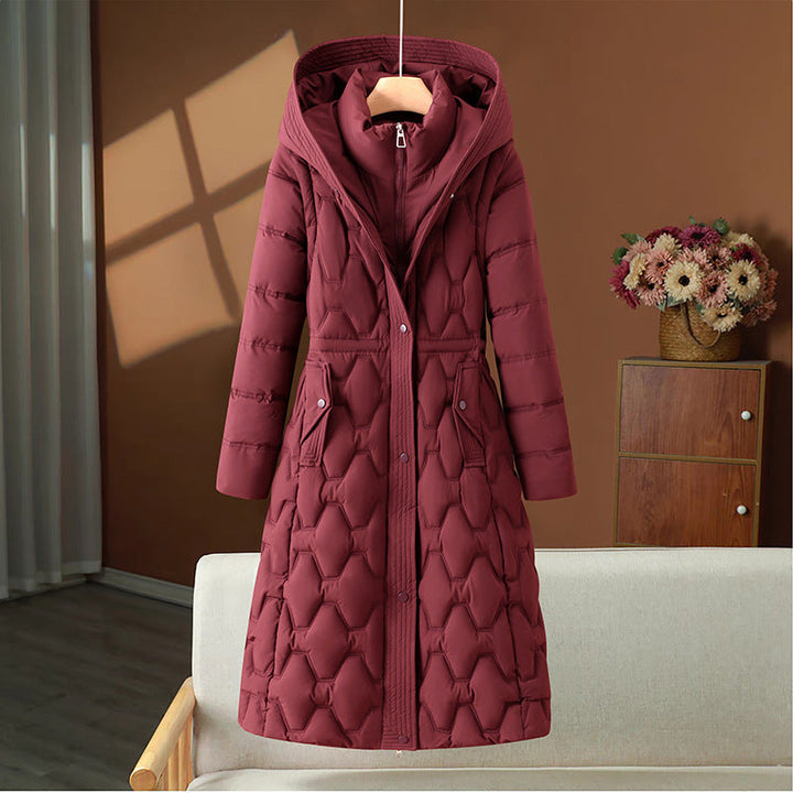 Casaco de inverno comprido acolchoado para senhora, com capuz e silhueta cintada