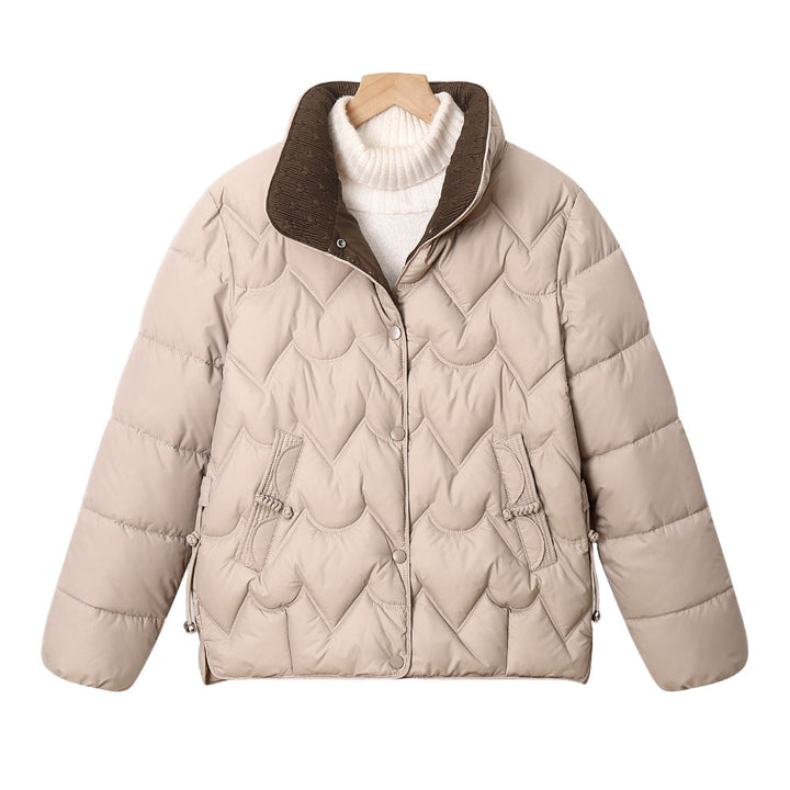Women’s short quilted puffer jacket with arched quilting and snap-button placket