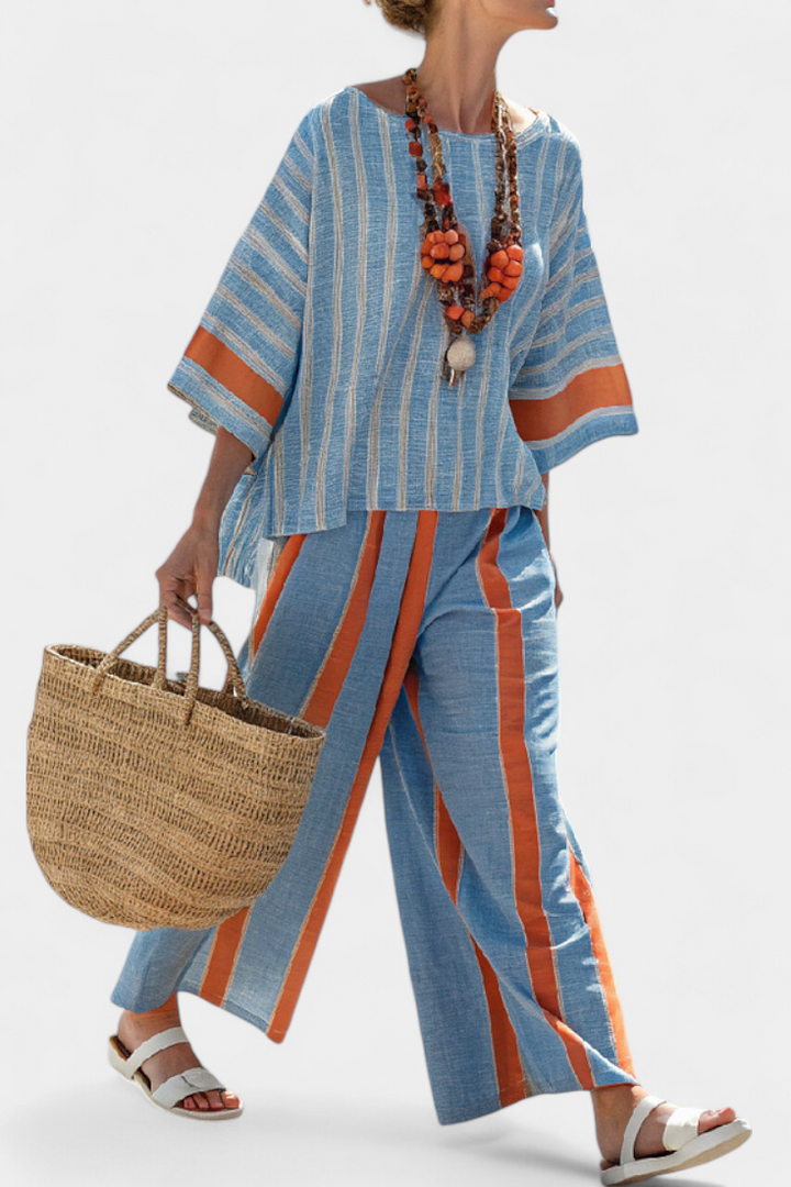 Valeria – elegante terracotta gestreift und Leinenhose