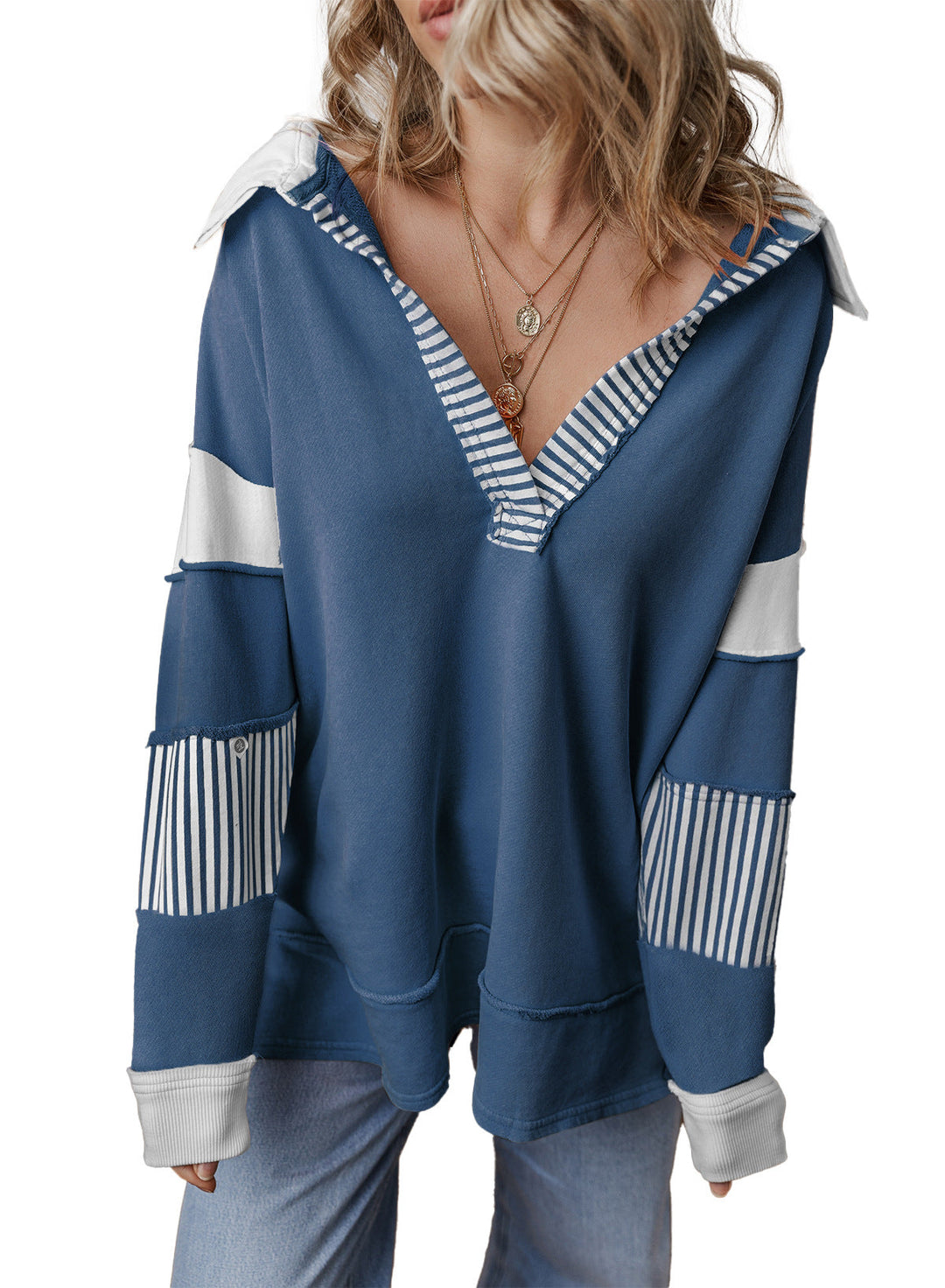 Damen Oversized V-Ausschnitt Gestreifter Sweatshirt