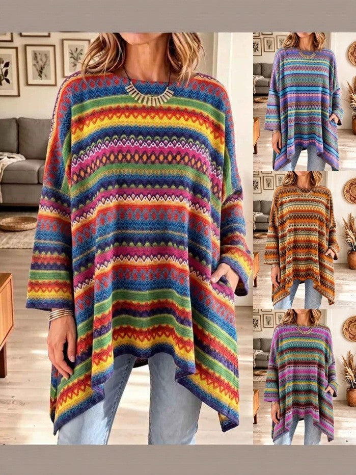 Damen Ponchopullover mit asymmetrischem Saum und Taschen