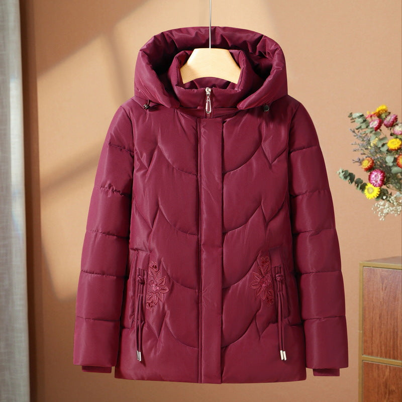 Damen gesteppte Thermo-Outdoorjacke mit Kapuze und floralem Taschenstickerei