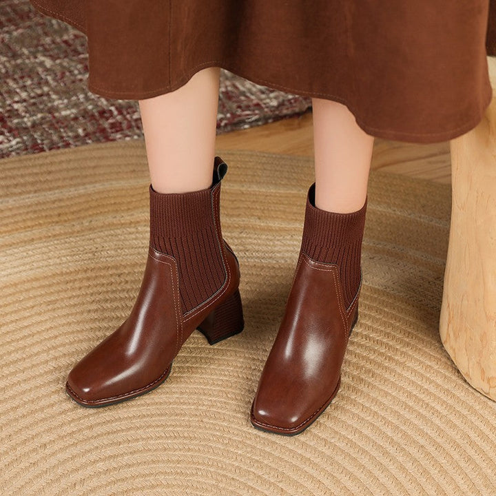 Damen Chunky Stiefeletten mit Strick-Einsatz und robustem Absatz