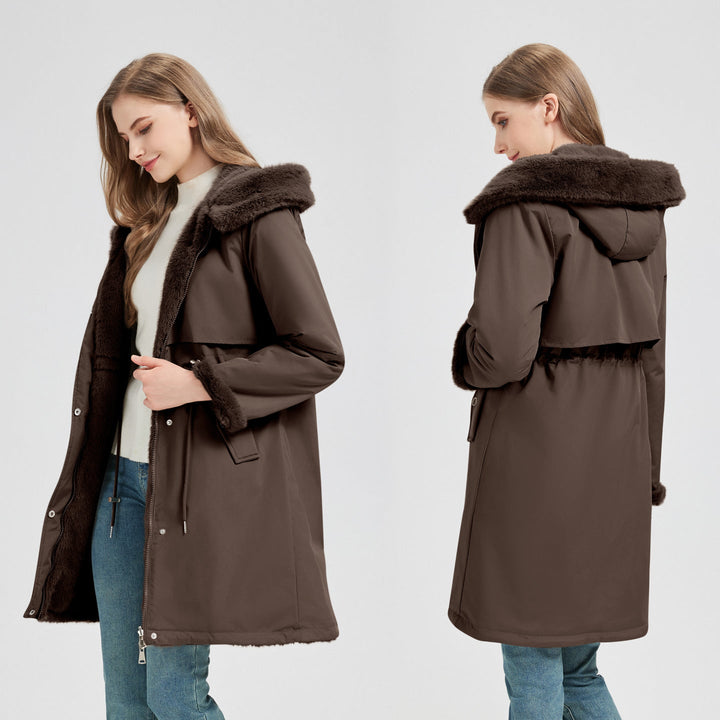 Parka largo para mujer con capucha desmontable y cordón ajustable en la cintura