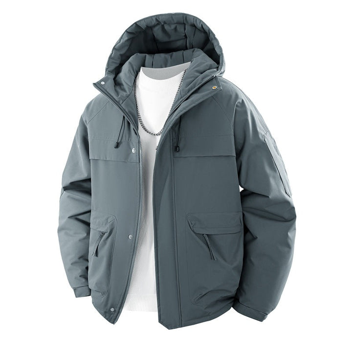Men’s padded hooded parka with a high stand-up collar and adjustable drawstring