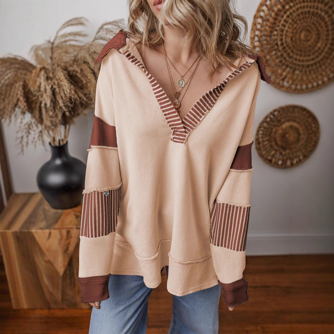 Damen Oversized V-Ausschnitt Gestreifter Sweatshirt