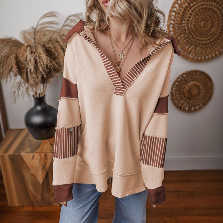 Damen Oversized V-Ausschnitt Gestreifter Sweatshirt