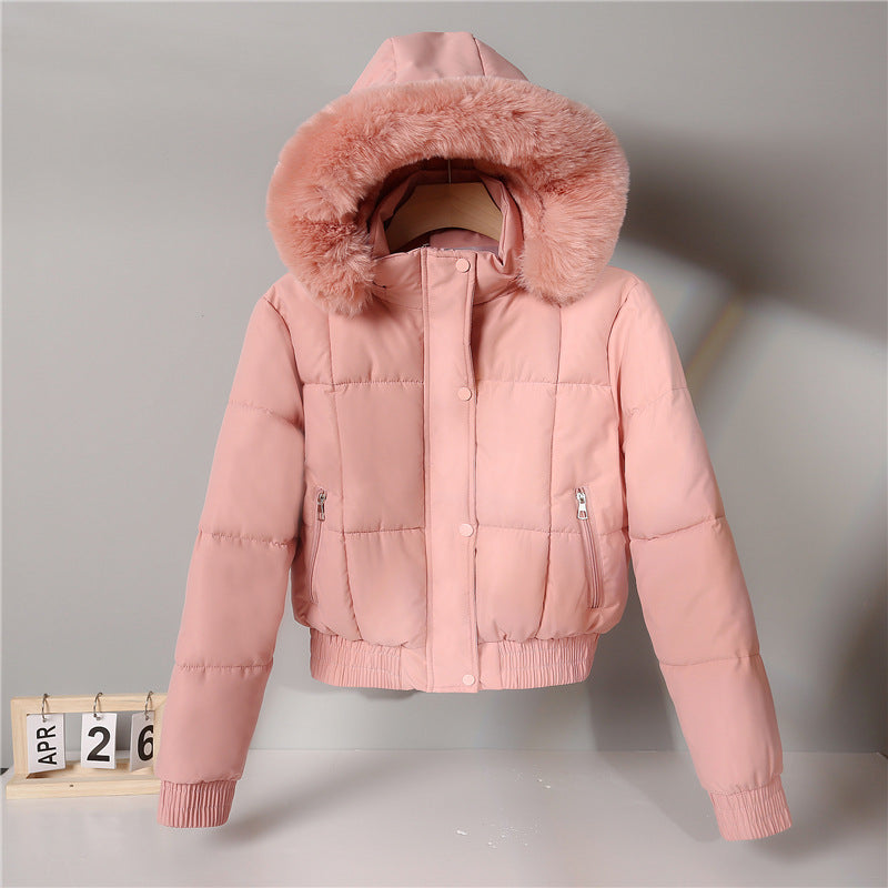 Damen kurzer isolierender Kapuzenblouson mit Pelzkragenblende und elastischem Rippsaum