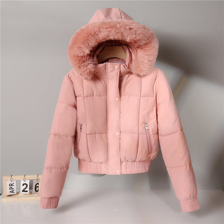 Damen kurzer isolierender Kapuzenblouson mit Pelzkragenblende und elastischem Rippsaum