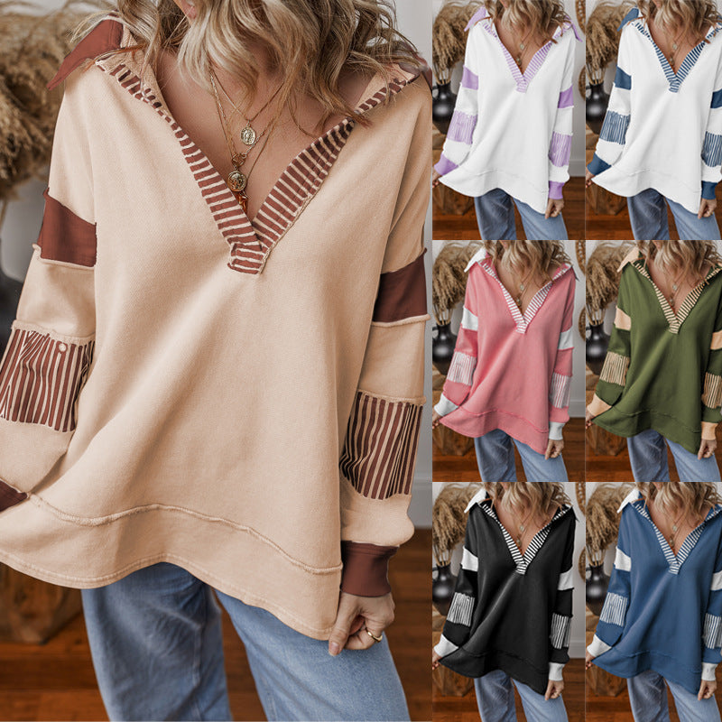 Damen Oversized V-Ausschnitt Gestreifter Sweatshirt