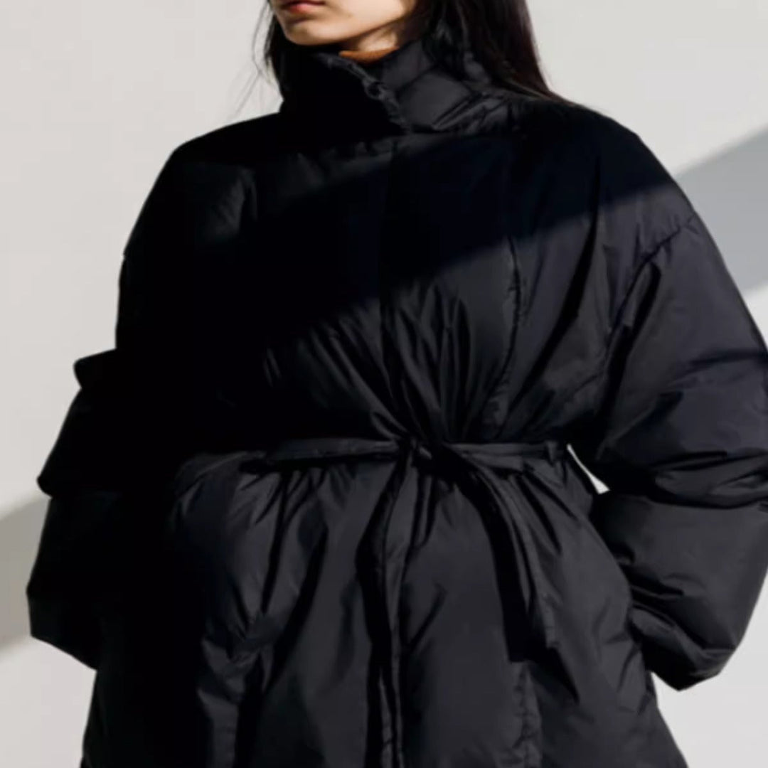 Damen Longline-Parka mit Wickelgürtel und voluminösen Ärmeln