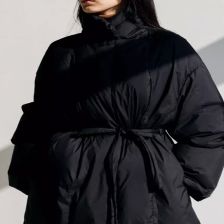 Damen Longline-Parka mit Wickelgürtel und voluminösen Ärmeln