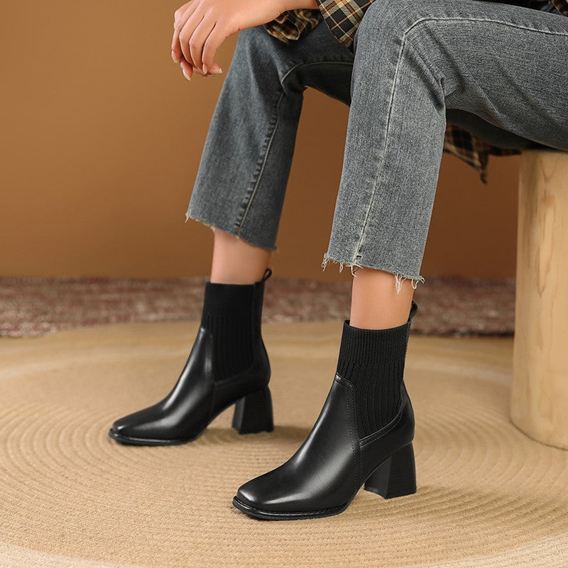 Damen Chunky Stiefeletten mit Strick-Einsatz und robustem Absatz