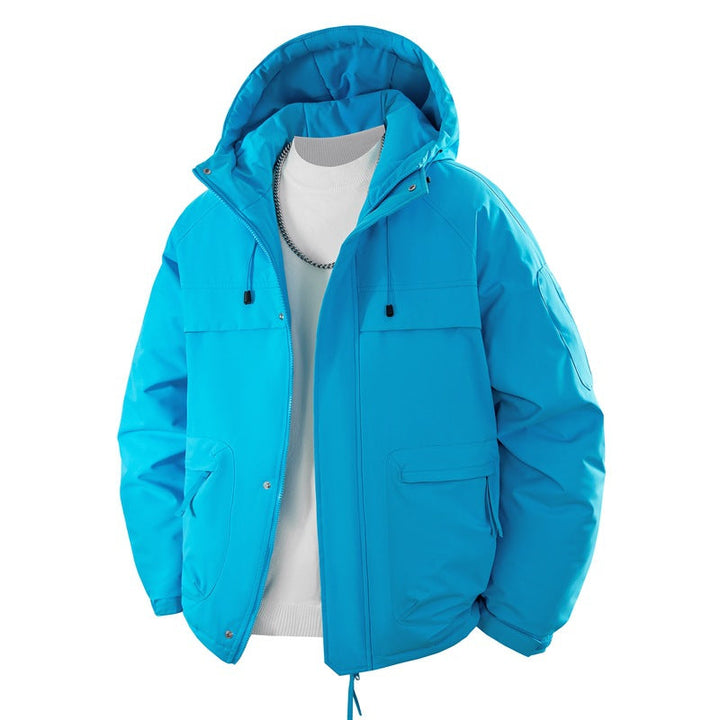 Men’s padded hooded parka with a high stand-up collar and adjustable drawstring