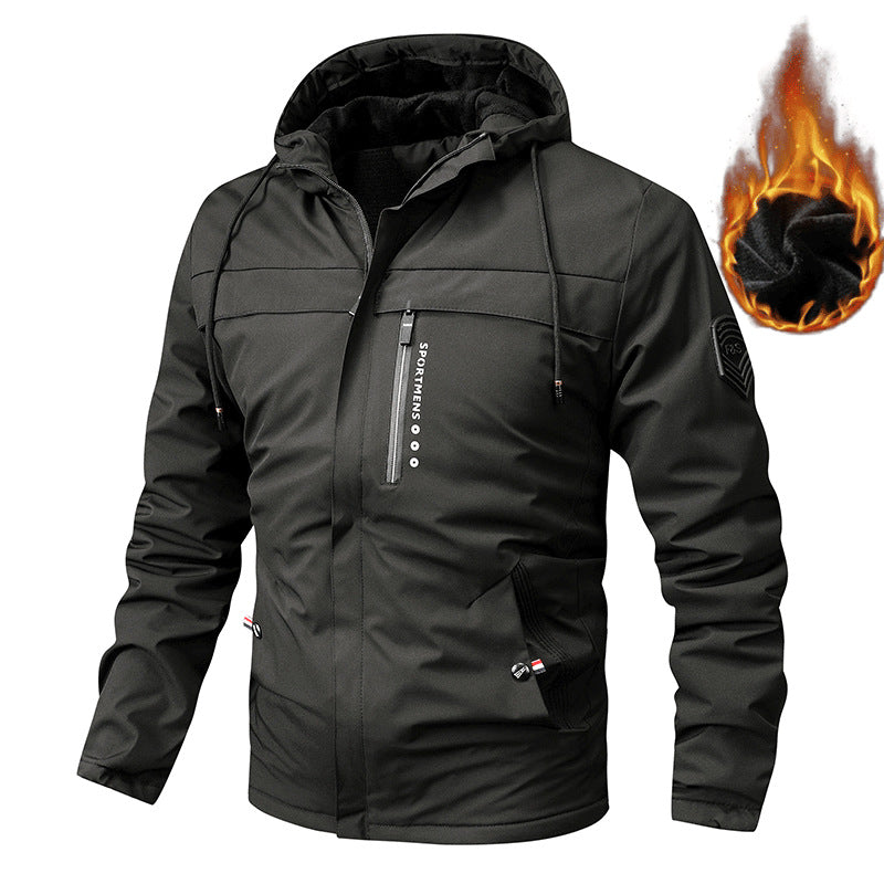 Miesten vuorellinen softshell-takki, jossa on huppu ja rintatasku
