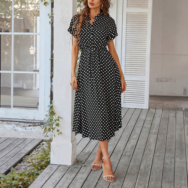 Damen Midi-Kleid mit Punkten, Knöpfen und Bindegürtel