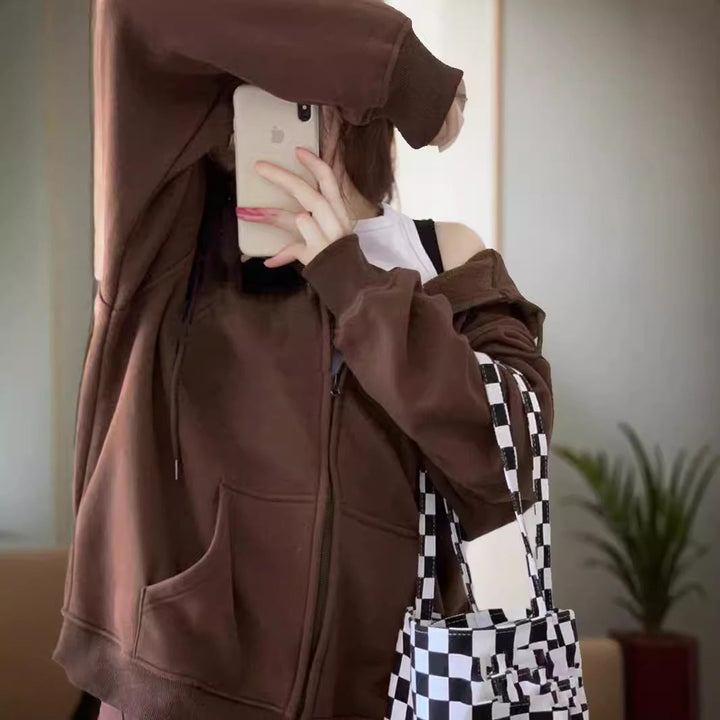 Damen weite Kapuzenjacke mit Reißverschluss, Kängurutaschen und Rippbündchen