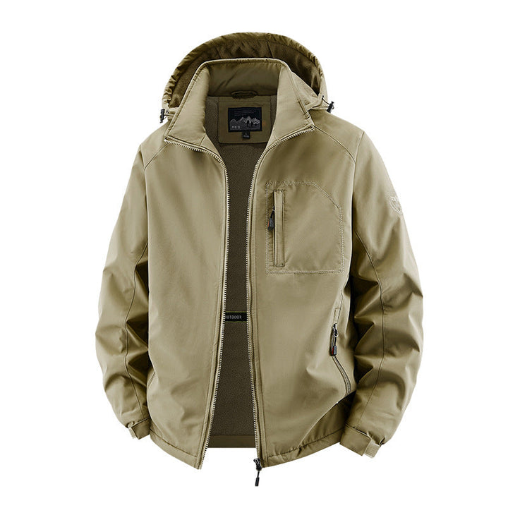 Men’s softshell tactical jacket with concealed hood and chest pocket