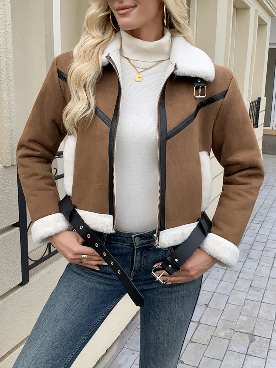 Damen Teddyfelljacke mit Kragen und praktischen Taschen