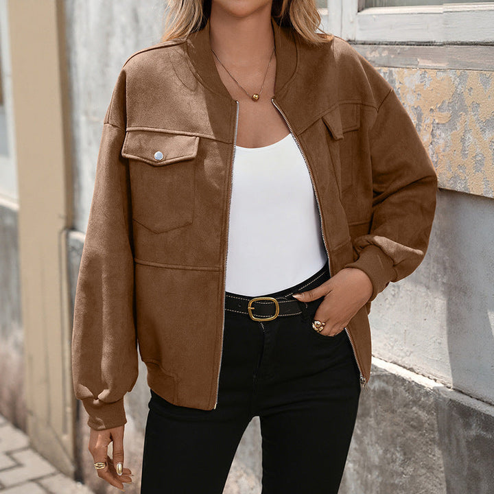 Women’s oversized bomber jacket with long sleeves and chest pockets
