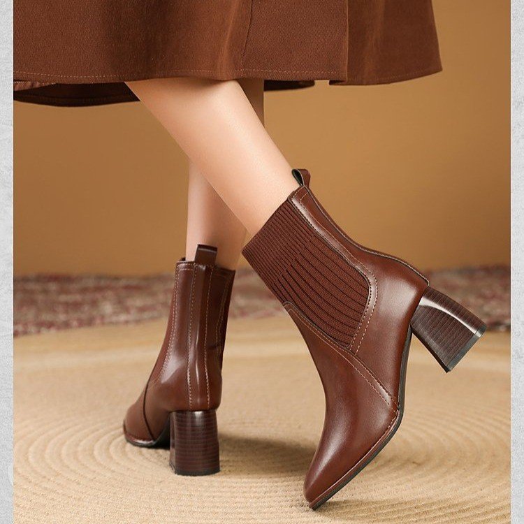 Damen Chunky Stiefeletten mit Strick-Einsatz und robustem Absatz